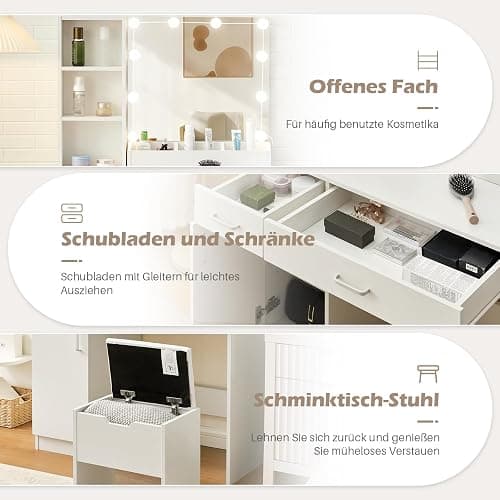 TUKAILAI Schminktisch mit LED-Beleuchtung, Frisiertisch mit 2 Schubladen und 6 offenen Fächern, Moderner Schlafzimmer Make up Schreibtisch, Kosmetiktisch mit Spiegel Einstellbarer Helligkeit thumbnail 3
