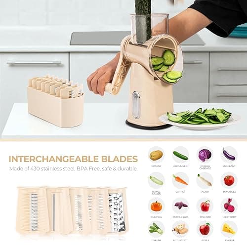SUSTEAS Rotary Cheese Grater with Handle - Vegetable Shredder with 5 Well-designed Blades & Strong Suction Base,Round Mandoline Slicer & Food Chopper for Kitchen,with Blade Storage Box(Beige) thumbnail 4