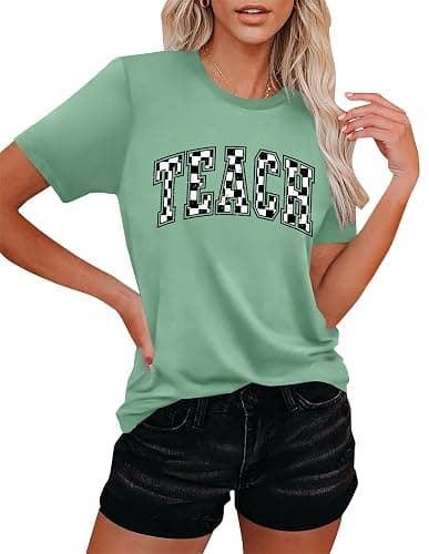 PICKID Teacher Shirts Women: Checkered Teach Printed T-Shirt Graphic Teaching Gifts Tees Casual Short Sleeve Tops thumbnail 2