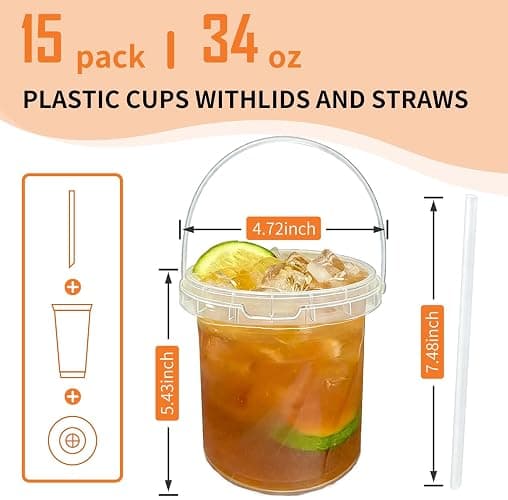 34oz 15pack Plastic Cups with Lids and Straws, Jumbo Disposable Drink Cups with Lids, Perfect for Lemonade, Iced Coffee & Fruit Drinks at Summer Parties, Beach Picnics & Poolside thumbnail 3