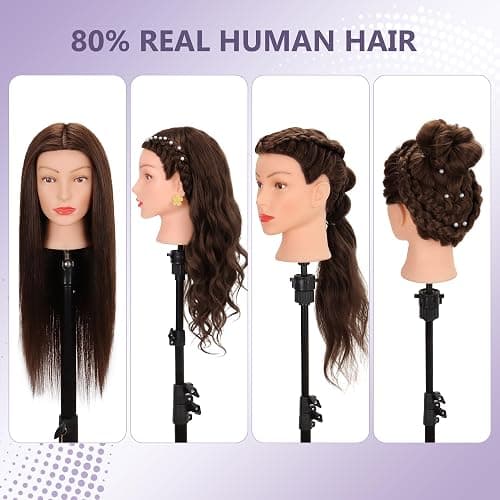 Mannequin Head Human Hair 80% Real Hair Cosmetology Mannequin Head for Braiding Styling Cutting 26-28” Doll Head with Clamp Tools (Brown) thumbnail 4