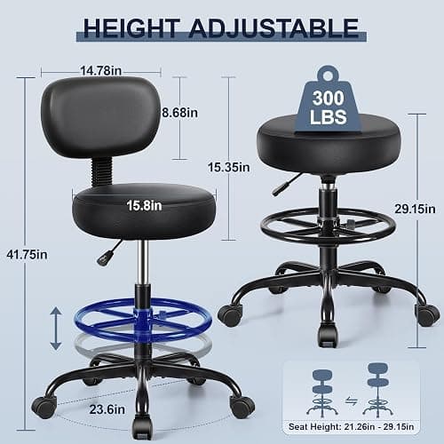 Brick Attic Drafting Chair with Backrest – Adjustable Foot Rest Rolling Stool with Wheels, PU Leather Swivel Stool for Office Spa Studio Lab Counter Salon Home Work Bar Kitchen Shop(Black) thumbnail 3