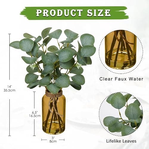 Briful Artificial Eucalyptus Stems in Amber Glass Vase with Faux Water, 14" Fake Plant Eucalyptus Leaves for Home Office Farmhouse Wedding Centerpiece Décor thumbnail 3