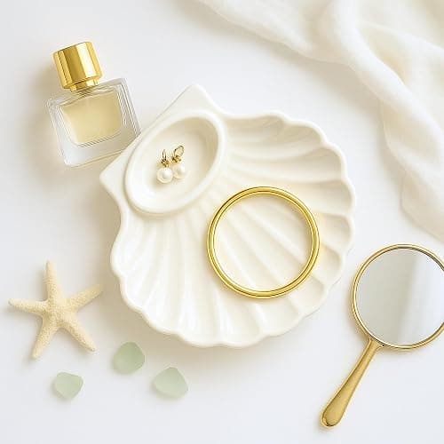 Large Seashell Jewelry Dish Trinket Tray for Women, White Ceramic Trinket Dish, Seashell Ring Holder, Cute Shell Jewelry Holder for Coastal Cowgirl, Coastal Granddaughter Room Decor, Stockholm Style thumbnail 7