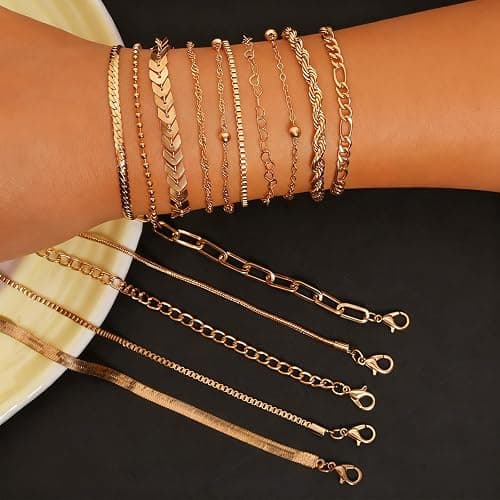 15PCS Gold Bracelets for Women Dainty Bracelets Stack Set Trendy Gold Stackable Cuban Link Paperclip Chain Bracelet Pack Adjustable Jewelry Set for Gifts thumbnail 5