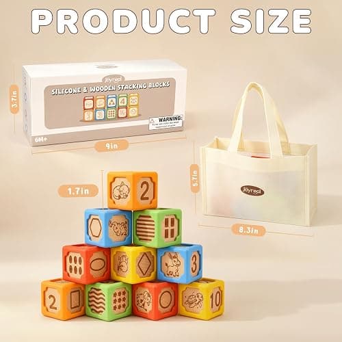 Joyreal Silicone Wooden Baby Blocks, 10PCS Montessori Stacking Blocks for Babies 6-18 Months, 1.7" Beech Wood Sensory Learning Toy with Animals, Numbers, Textures, Soft Chewable, Laser Engraved thumbnail 2