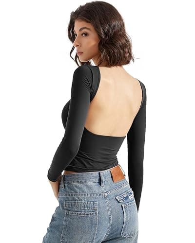 SUUKSESS Women Backless Going Out Tops Double Lined Open Back Basic Long Sleeve thumbnail 4