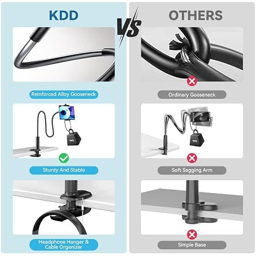 KDD Gooseneck Tablet Stand, 360° Adjustable Phone & iPad Holder for Bed and Desk, Flexible Arm Mount Clip for Video Recording, Bedside & Headboard Clamp for iPad Pro 12.9, Mini, Switch thumbnail 5