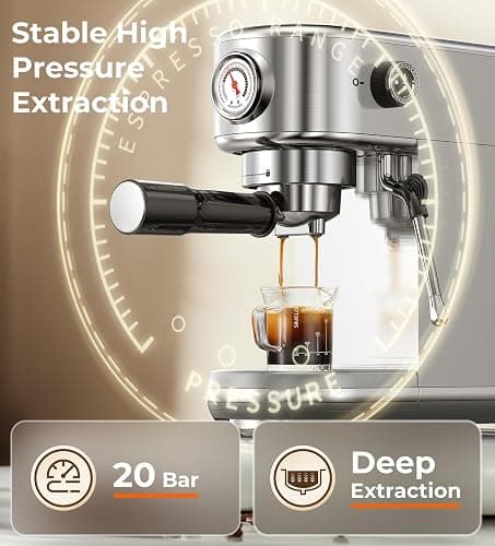 Espresso Machine with Milk Frother, 20 Bar High Pressure Professional Espresso Maker Automatic, Compact Stainless Steel Coffee Machine for Cappuccino, Latte, Gift for Coffee Lover, Dad or Mom, Silver thumbnail 5