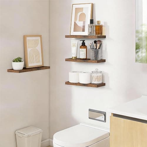 BAYKA Rustic Brown Bathroom Floating Shelves, 15.7in, 3Pk, Wall Mount Shelf | Easy Install, 22lbs Max Load, Hidden Bracket, for Living Room Bedroom Kitchen Display Storage Decor, Multi-Wall Compatible thumbnail 2