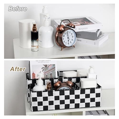 BinWhiz 2-Pack Checker Pattern Woven Bins, 16” Ribbon Metal Wire Desk Organizer, Drawer Dresser Baskets, Countertop Toilet Paper Storage Containers (Black & White) thumbnail 9