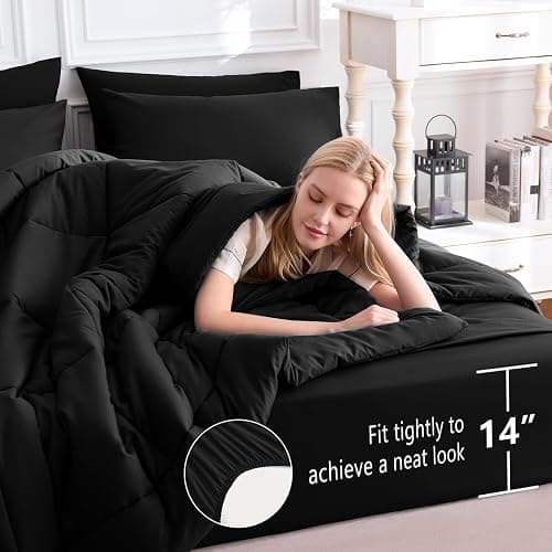CozyLux Queen Comforter Set Black, 7 Pieces Bed in a Bag, Black Comforter Queen Size, All Season Bedding Sets with Stitch Quilted Comforter, Flat Sheet, Fitted Sheet, Pillowcases thumbnail 6