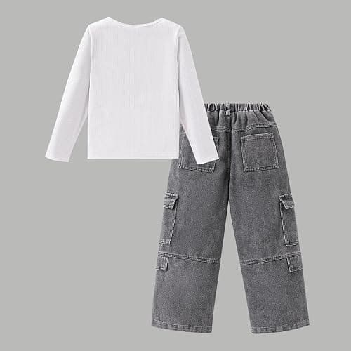 Tween Girls Clothes 2 Piece Long Sleeve Top + Denim Cargo Pants, Teen Girls Fall Clothing Set, Sizes 5-12 Years thumbnail 7