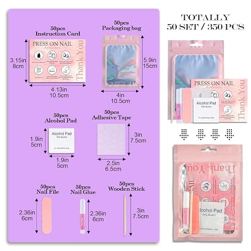 Disposable Nail Supplies Kits,Professional Manicure Press On Nail Tool Kit with Nail File,Adhesive Tabs,Nail Glue,Sticks, Prep Pads,Bags,Cards for Nail Business (350pcs50set-pink) thumbnail 3