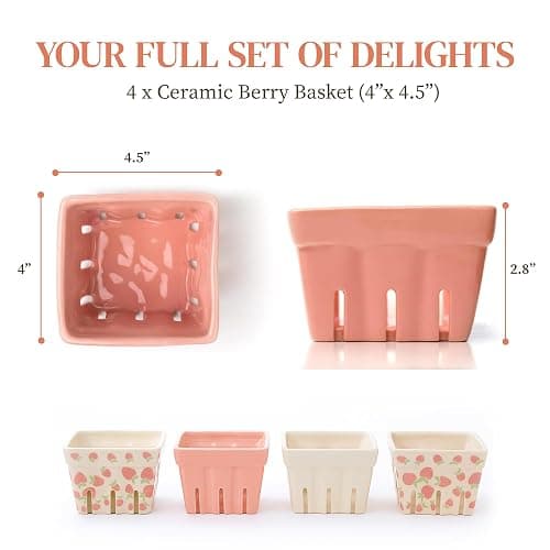 Ceramic Berry Basket, Farmhouse Colander, Strawberry Decor, Fruit Bowls, Fruit Baskets, Kawaii Strawberry Kitchen bowl, Pink White and Cute Strawberry pattern Stoneware Harvest Square Bowls Set of 4 thumbnail 2