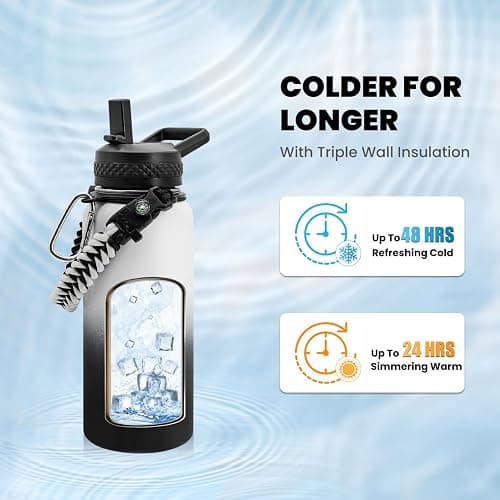 RAYMYLO Insulated Water Bottle 32 oz, Triple Wall Vacuum Stainless Steel (Cold for 48 Hrs), Leak Proof & Non-BPA, Modern Water Flask Jug with Paracord Handle & Straw Spout Lids, Ombre: White/Black thumbnail 3