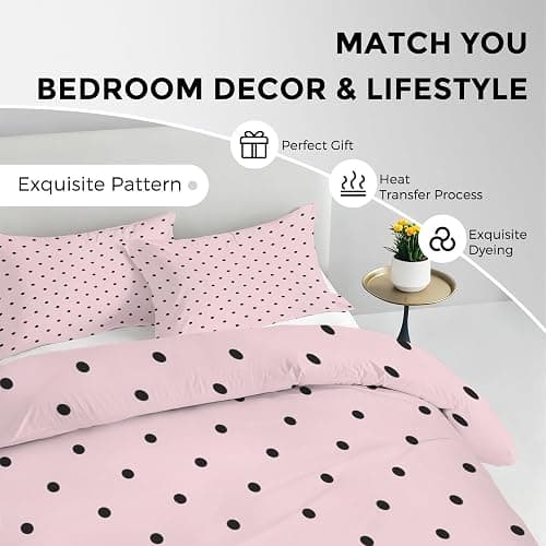 Pink Black Polka Dot Duvet Cover Full 3 pcs, Modern Cute Girly Bedding Set, Super Soft Microfiber, 2 Pillow Sham, Zipper Closure Corner Ties, Polka Dots Decor & Giftsft-3 thumbnail 7