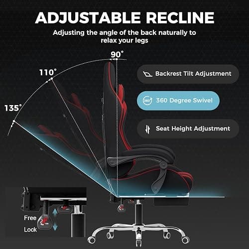 GTPLAYER Gaming Chair, Computer Chair with Footrest and Lumbar Support, Height Adjustable Game Chair with 360°-Swivel Seat and Headrest and for Office or Gaming (RED, Fabric) thumbnail 8