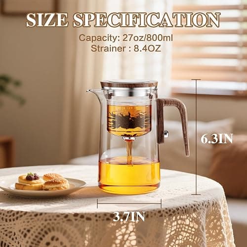 Enchanti Tea Pot, One Touch Glass Teapot with Infuser, Tea Maker for Loose Leaf Tea, Tea Gifts Set -27oz/800ml thumbnail 3