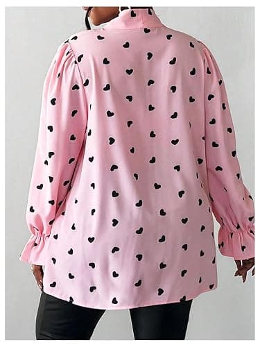 WDIRARA Women's Plus Size Heart Print Bow Tie Neck Long Sleeve Blouse Office Shirt Top thumbnail 6