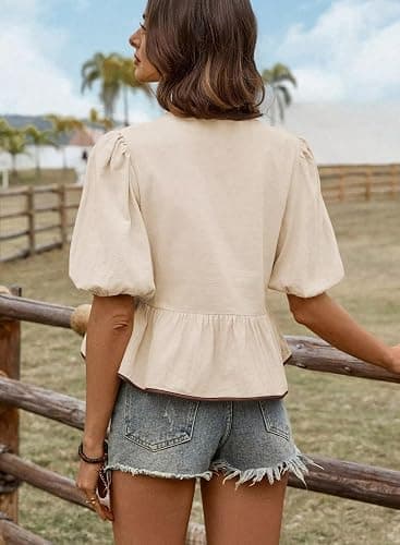 Falechay Womens Summer Tops Bowknot Puff Short Sleeve Blouses Dressy Casual Cute Babydoll Flowy Peplum Shirt for Women thumbnail 3