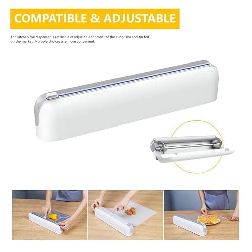 Quasziwa Aluminum Foil & Plastic Wrap Dispenser with Cutter - Easy One-Hand Operation, Space-Saving Kitchen Organizer for Worktops & Cabinets, Magnetic Cling Film Dispenser - Fits 12" Rolls, Gray thumbnail 4