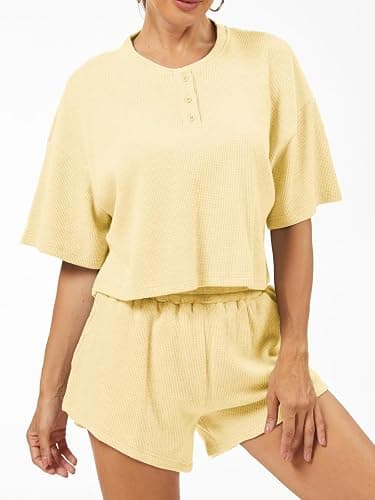 AnotherChill Women's Cropped Waffle Knit Lounge Set – Short Sleeve Henley Top and High Waisted Shorts 2 Piece Casual Outfit thumbnail 2