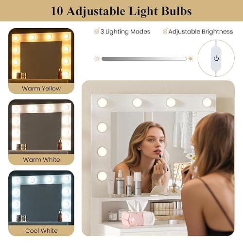 LOKO Vanity Desk with Mirror & Lights, White Dressing Table with 3 Lighting Modes & Adjustable Brightness, Open Shelves & Large Drawer, Built-in Charging Station, Compact Makeup Vanity for Small Space thumbnail 6