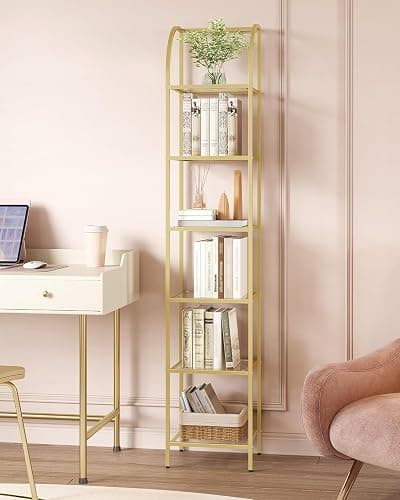 Hzuaneri Bookcase Bookshelf, Tempered Glass Arched Bookshelf for More Storage, Slim Shelving Unit for Bedroom, Bathroom, Home Office, Steel Frame, 6 Tier Gold BC20699G thumbnail 8