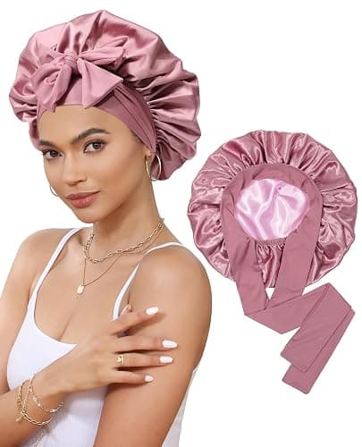 Satin Bonnet for Sleeping Cap Double Layer Hair Bonnet with Elastic Tie Band for Curly Hair Night Cap (Bean Paste + Pink) - Image 1