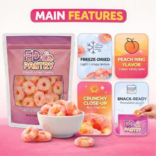 Freeze Dried Peach Rings Candy - Crunchy & Sweet, Large 7 oz Resealable Bag for Freshness, Gift & Snack - Large bag Freeze-Dried Gummy Candies thumbnail 3