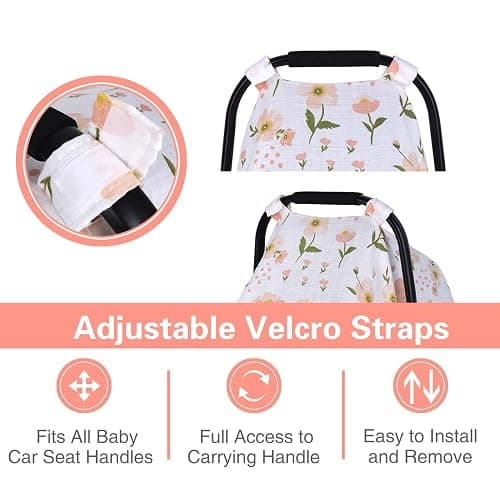 Muslin Car Seat Cover for Babies, Metplus Breathable Infant Carseat Cover Lightweight Baby Carrier Cover for Girls Boys, Fit Spring Summer/Hot Days/Warm Weather, Pink Floral thumbnail 4