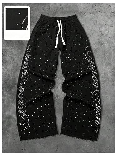 BEAUDRM Men's Rhinestone Baggy Sweatpants Y2k Drawstring Waist Wide Leg Track Pants Streetwear with Pockets thumbnail 5