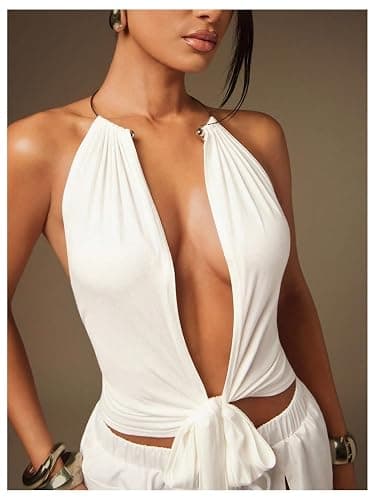 SOLY HUX Women's Sexy Halter Crop Top Tie Front Deep V Neck Backless Vest Shirts Clubwear thumbnail 2