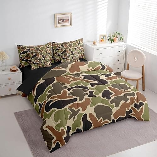 Feelyou Duck Hunter Green Camouflage Hunting 7 Pieces Bedding Set, Queen Size Black Brown All Season,Bed in a Bag with Comforter, Sheets, Pillowcases Camo Army Bed Set Breathable Wild Room Decor thumbnail 2