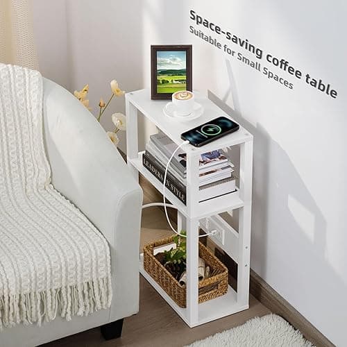 YUFAM 3-Tier Small Narrow Wood Side Table with Charging Station, Skinny Nightstand for Small Space, Slim Bedside Table with Storage for Couch, Thin End Table with USB Ports and Outlets, White - 1 Pack - White thumbnail 4