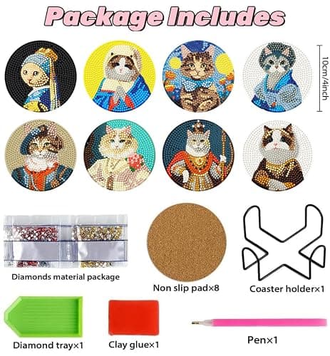 Puraikcmi 8PCs Diamond Paintings Coasters Kits Set, Funny Cat Diamond Art Coasters with Holder, DIY Crafts Diamond Art Kits Adult Craft Diamond Dots Gift thumbnail 4