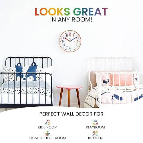 Oyster&Pop Kids Learning Wall Clock - Silent Non-Ticking Analog 10 Inch Teaching Clock for Classrooms & Bedrooms - Makes Telling Time Easy for Kids thumbnail 5