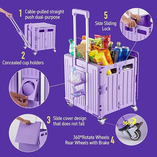 Folding Utility Cart Portable Rolling Crate Handcart Shopping Trolley Collapsible Tool Box, with Lid, Basket on 4 Rotate Wheels, for Grocery, Shopping, Office, Storage, Teacher (Purple) thumbnail 4
