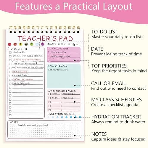 Teacher To Do List Notepad, 8.3x5.8 Inch Teacher Notepad, Spiral Checklist Notebook for Class Schedules, Daily Planner, School Tasks and Goal Setting (Pink) thumbnail 4