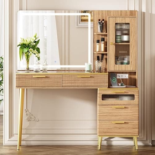 Chrangmay 47.24" Big Modern Vanity Desk with Mirror and Lights,Makeup Vanity Desk with 5 Drawers and Storage Shelves & Power Outlet,Dressing Table with Glass Top, Oak thumbnail 9