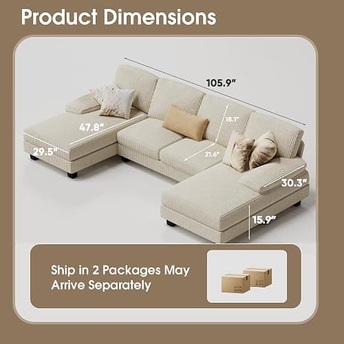 Furmax Sectional Couches for Living Room, Corduroy, Beige | U-Shaped Sofa Couch with Linen Fabric, 4 Seat Sofa Set with Double Chaise for Apartment thumbnail 2