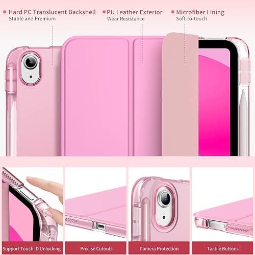 MoKo for iPad (A16) 11th Generation Case 11 Inch 2025, iPad 10th Generation Case 10.9 Inch 2022 with Pencil Holder, Slim Light Trifold Protective Cover with Hard PC Translucent Back Shell, Pink thumbnail 3