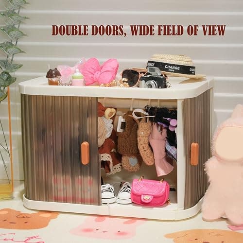 Foldable Doll Wardrobe Storage Box Compatible with Labubu Clothes with 10 Hangers & Rod - Stackable Organizer Cabinet for 15/17cm Doll Clothes with Dust-Resistant Cover and Display Shelf thumbnail 4