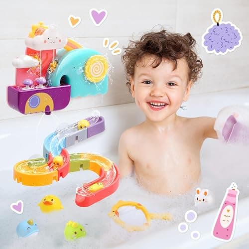 CUTE STONE Baby Bath Toys, No Hole Floating Squirting Bathtub Toy W/ Water Slide Building Track, Duck Fishing Net Game, Toddler Shower Toys, Water& Pool Toys, Educational Gifts for Boys Girls thumbnail 2