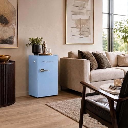 Frigidaire Retro Compact Fridge with Chiller, 3.2 cu ft Countertop Fridge with Built-In Bottle Opener, Compact Refrigerator for Office, Bedroom, Dorm Room or Cabin - 16.5" D x 19" W x 31" H (Blue) thumbnail 12