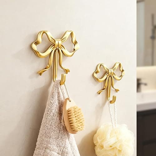 Frstem 4 Pack Gold Bow Wall Hook,Metal Hooks,Wall Mounted Functional Hooks,Multi-Purpose Door Hanger,Bow Wall Hooks Decorative for Coat Hat Towel Bags & Christmas Decor thumbnail 6