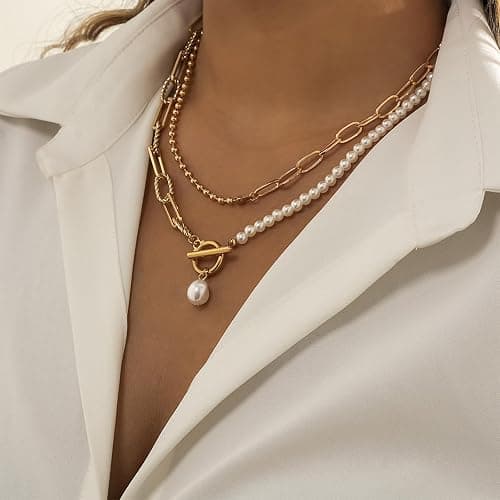 Cowboy Chic Turquoise Necklace for Women layered Paperclip Necklace Chunky Pearl Necklaces for Women Statement Cowgirl Country Concert Jewelry Outfit Accessories Christmas Stocking Stuffers thumbnail 3