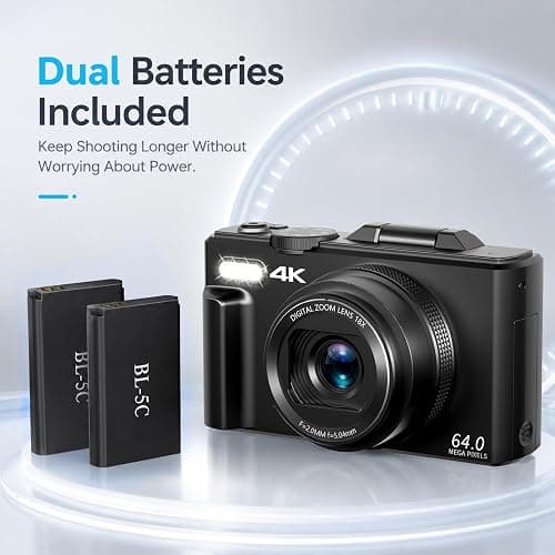 4K Digital Camera for Photography, 64MP Vlogging Camera with 180° Screen | Compact Point And Shoot Camera With WiFi, 32GB Card, 2 Rechargeable Batteries, Portable Travel Camera, Black thumbnail 5