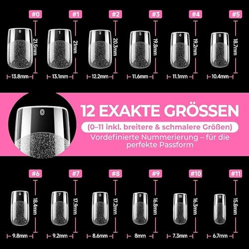 UNA GELLA Kurze Quadrat Tips für Gelnägel, 216 Stück 12 Größen Press On Nail Tips Soft Gel Nagel Vorgeformte Klare Square Nagelspitzen für Acrylic Nägel thumbnail 8